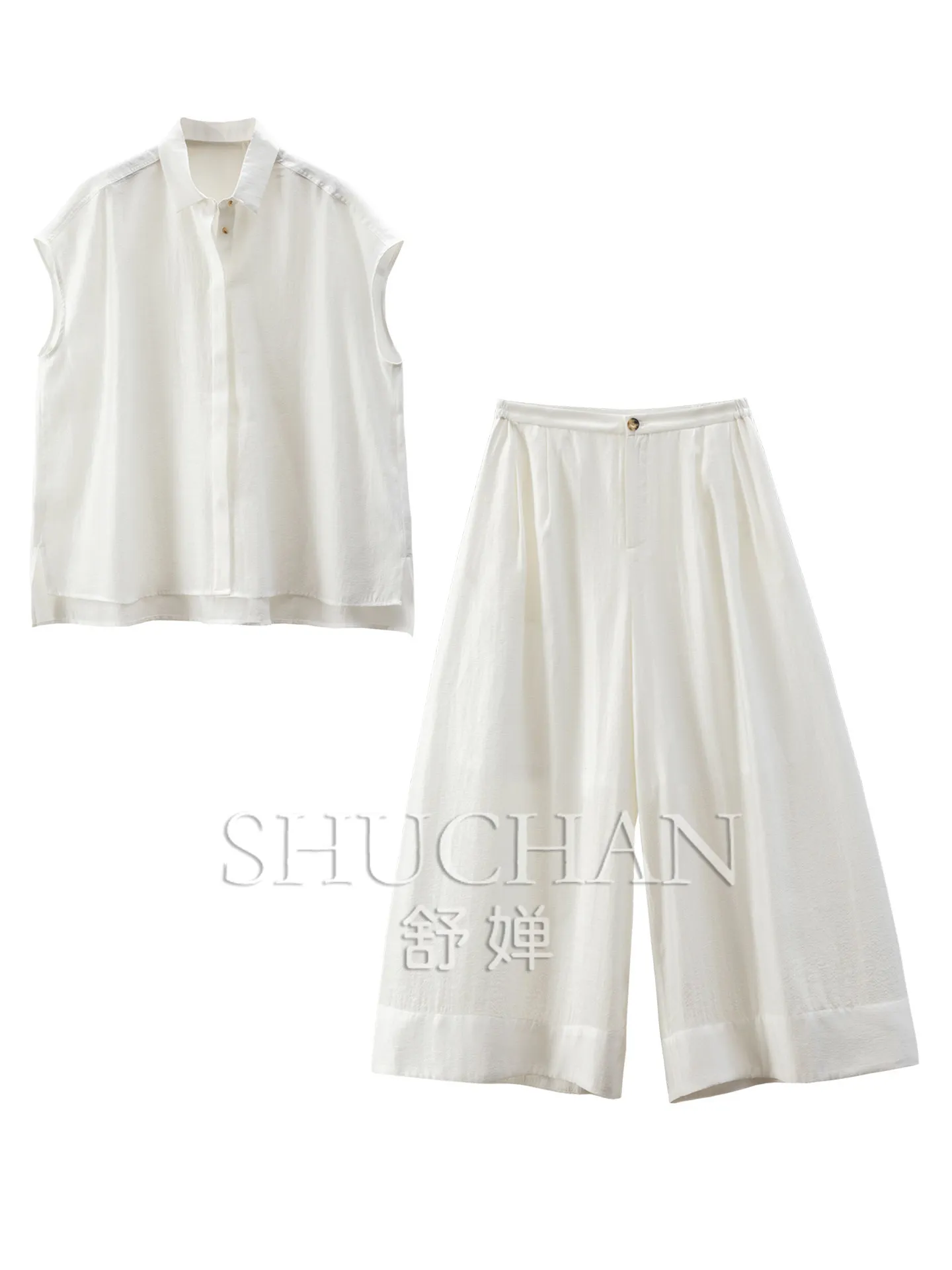 SHUCHANT French Luxury Simple Aura Lyocell Linen Shirt + Wide-leg Culottes Set 48G2 2 Piece Sets Womens Outfits