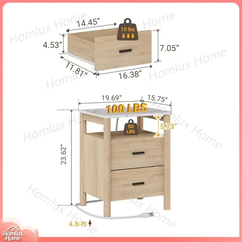 Modern Bedside Table 20 Inch 2 Drawer Nightstand with USB Charging Station Marble Pattern Solid Wood Top Eco Friendly Bedroom