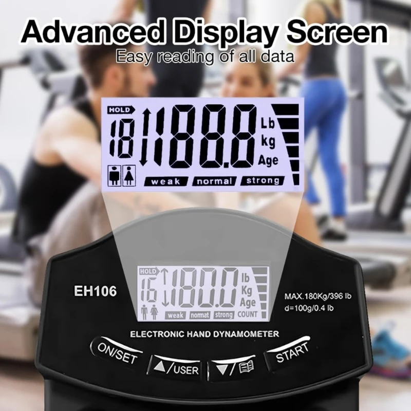 Digitale Handkrachtmeter Elektronische Greepsterktemeter 396lb/180kg Handdynamometer LED Backlit Handkrachtmeter