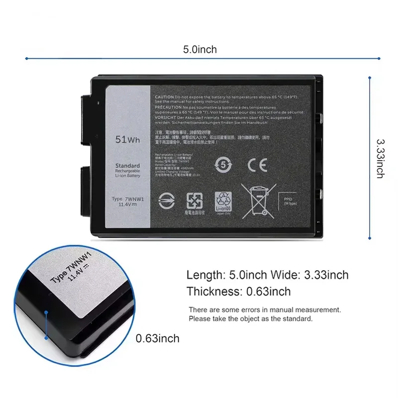 JGTM 11.4V 51Wh/3600mAh 7WNW1 DMF8C Laptop Battery for Dell Latitude 5420 5424 7424 P85G001 P85G P86G00 P137G P85G P86G P137G001