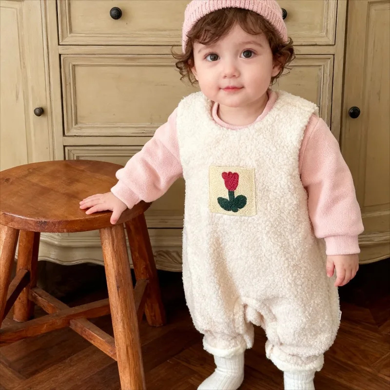 بدلة أطفال للخريف والشتاء مع ملابس زحف سميكة من القطيفة للفتيات برقبة دائرية قطعة واحدة قطع علوية من القطيفة دافئة #4