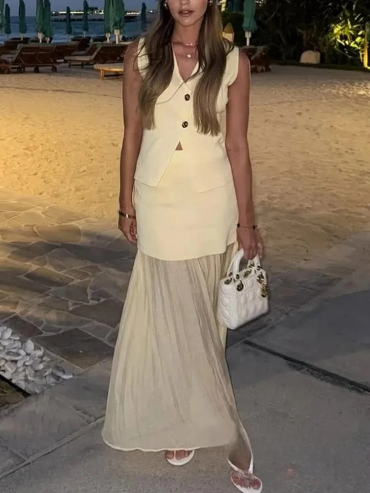 KONDALA Abito lavorato a maglia da donna vintage chic con scollo a V senza maniche Top dritto gonna lunga impiombata Moda 2025 Abito primaverile