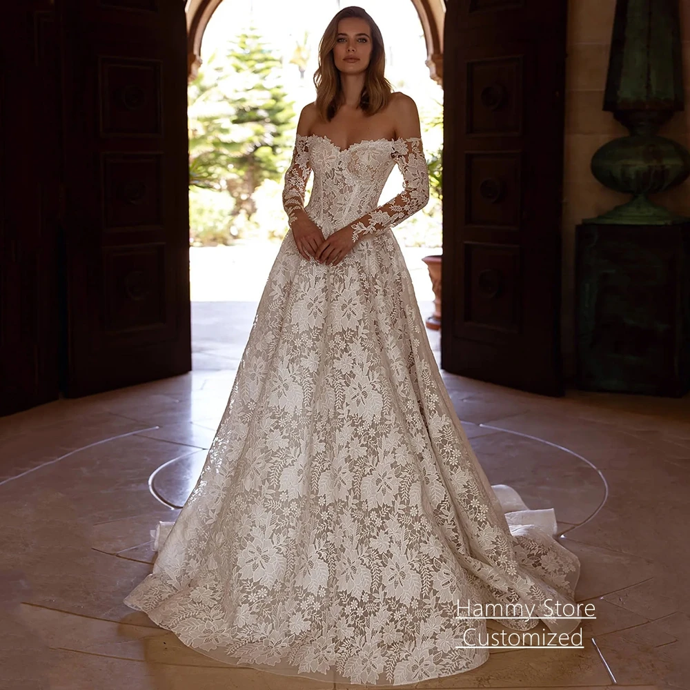 Exquisite Lace Bridal Dress for Wedding Customized V Neck Long Sleeves Back Zipper Sweep Train Bride Gown Robe Mariee