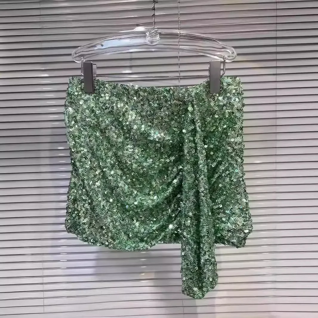 Spicy Girl Style Green Sequins Skirt Slimming Mini Dress For Women 2024 Summer Season Smooths Your Silhouette Sexy Waistband