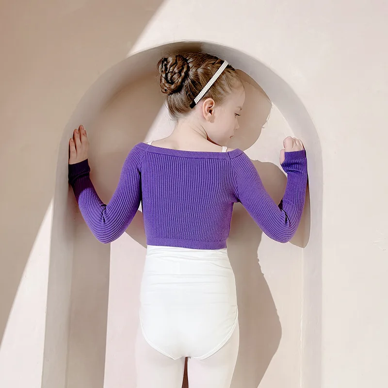 Girls Long Sleeve Dance Sweater Soft Ballet Warm Up Pullover for Leotards Korea Children Crop Sport Thumb Hole Shirt Gymnastic