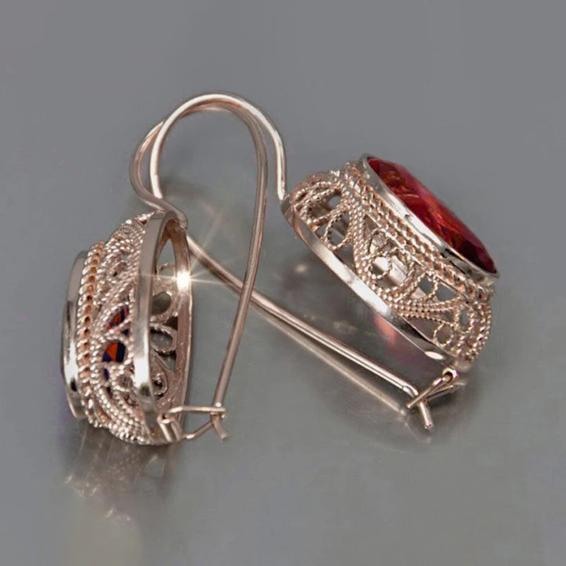 Huitan Oval Red/Blue Cubic Zircon Drop Earrings for Women Rose Gold Color Aesthetic Hollow Pattern Vintage Elegant Lady Jewelry