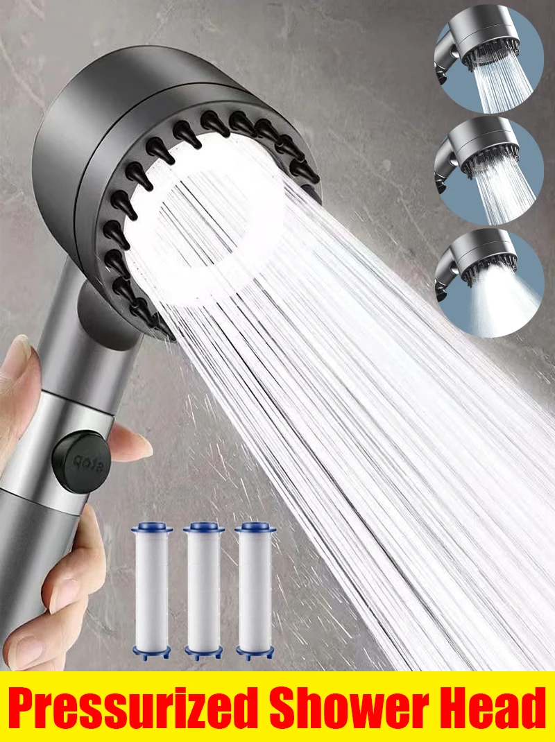 High-pressure Shower Head 3-mode Adjustable Spray with Massage Brush Filter One Key Stop Water Rain Shower Bathroom Accessories