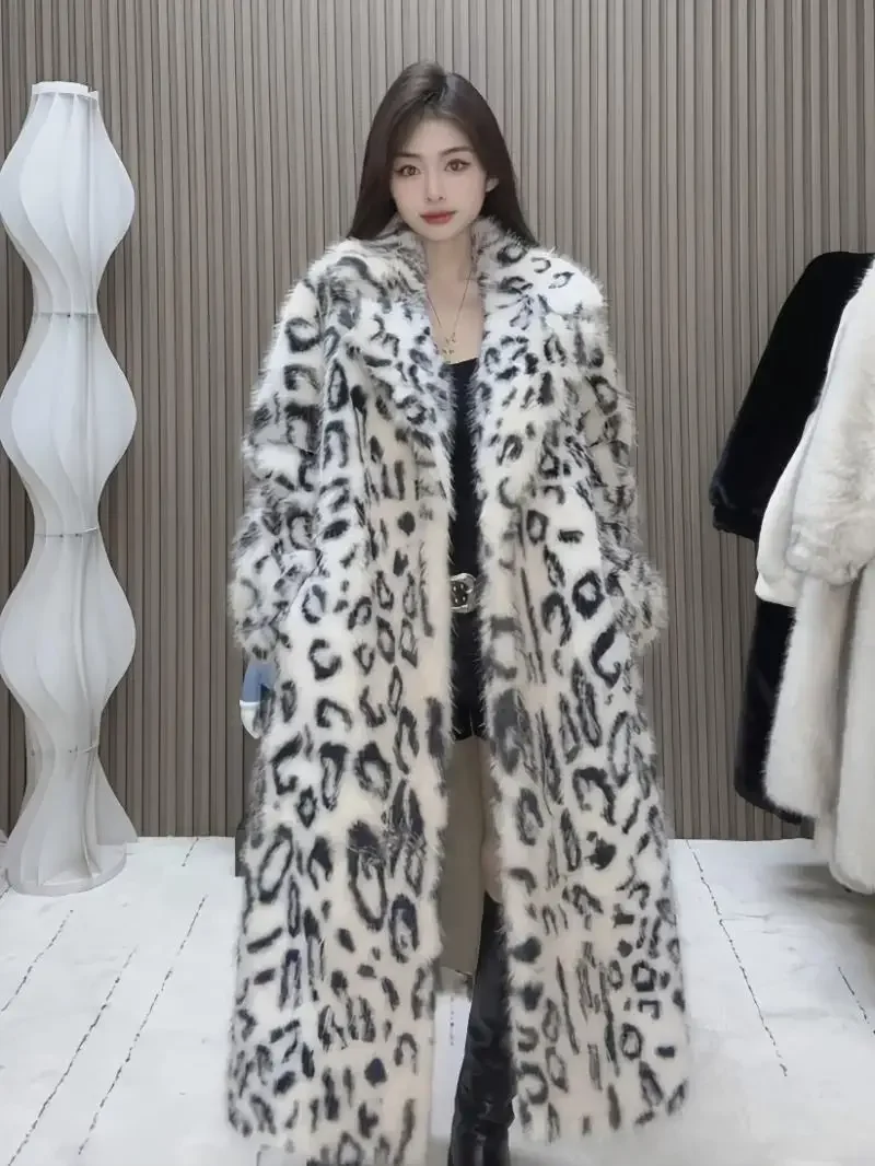 2024 Winter Ladies European Mink Fur Integrated Jackets Women's Medium Long Leopard Print Simulation Mink Toka Trendy Fur Coats