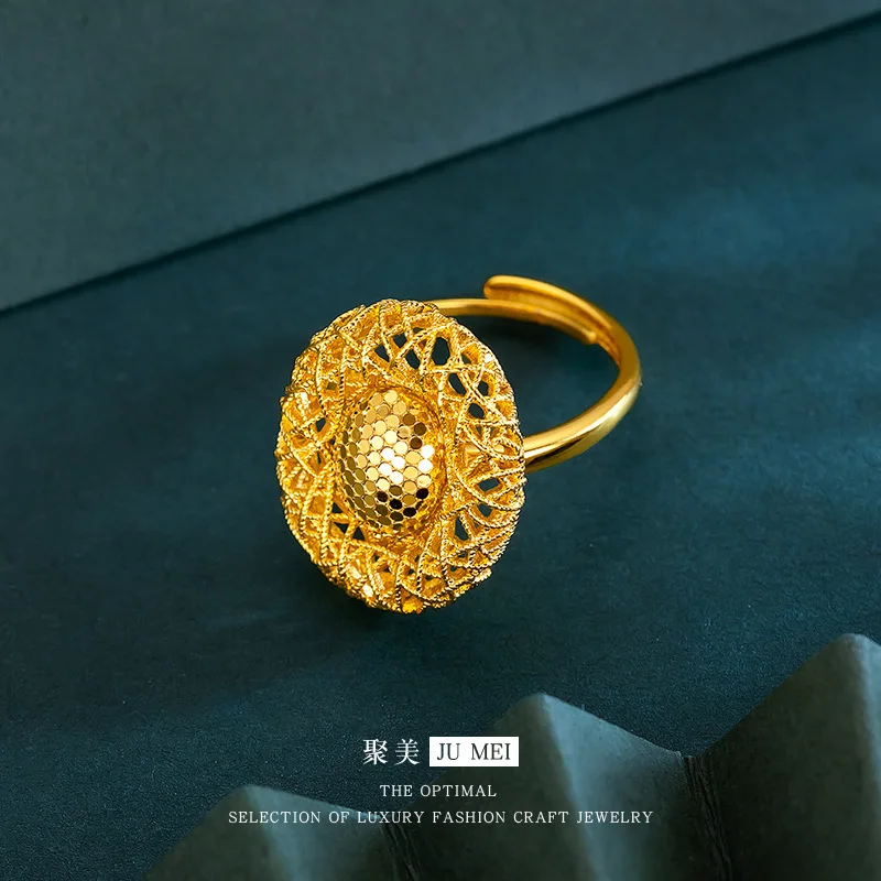 9999 Seiko Lace Oval Fish Scale Ring 24K Real Gold Fashionable and Versatile Temperament Dove Egg Ring Women's Palace Style