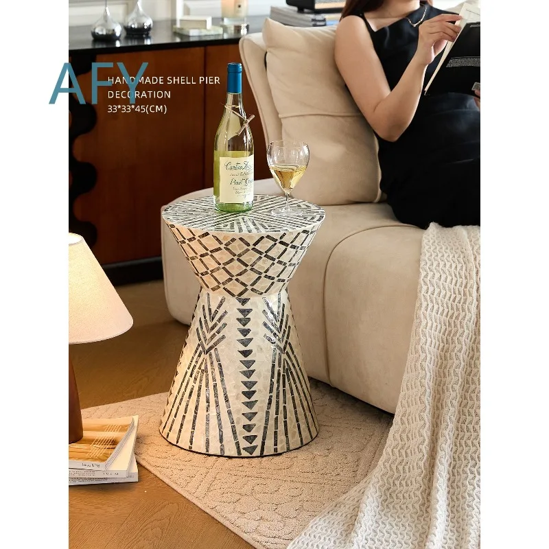 Home Antique Handmade Collage Shell Edge Small Coffee Table for Sofa Side Table Living Room Bedside Table for Modern