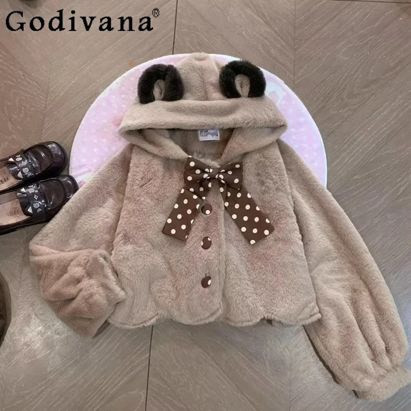 

Original Soft Girls Kawaii Cute Plush Coats Autumn Winter Women's Hooded Short Faux Fur Jacket Outerwear Daughter's Clothing