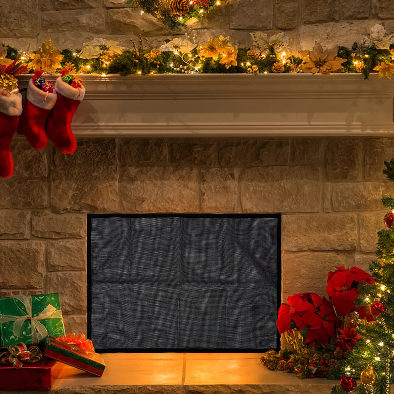 1Set Fine Mesh Fireplace Screen Curtain for Spark Protection Heat Resistant Black Enamel Coated PVC Hearth Screen Panel