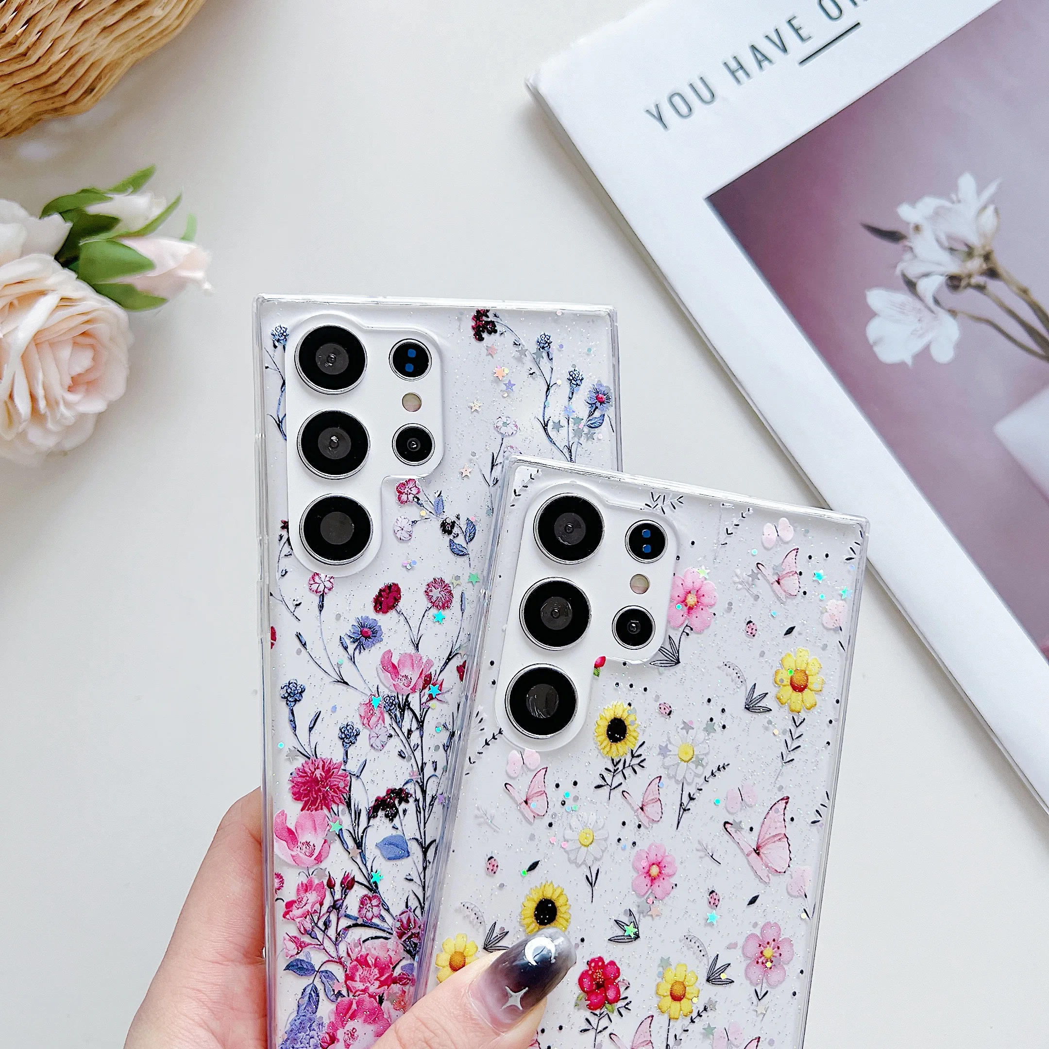 Beautiful Flowers Case for Samsung Galaxy S24 S23 S22 Ultra Plus Transparent Cover S20 S21 S23 FE A13 A14 S24 S23 S22 Ultra Case