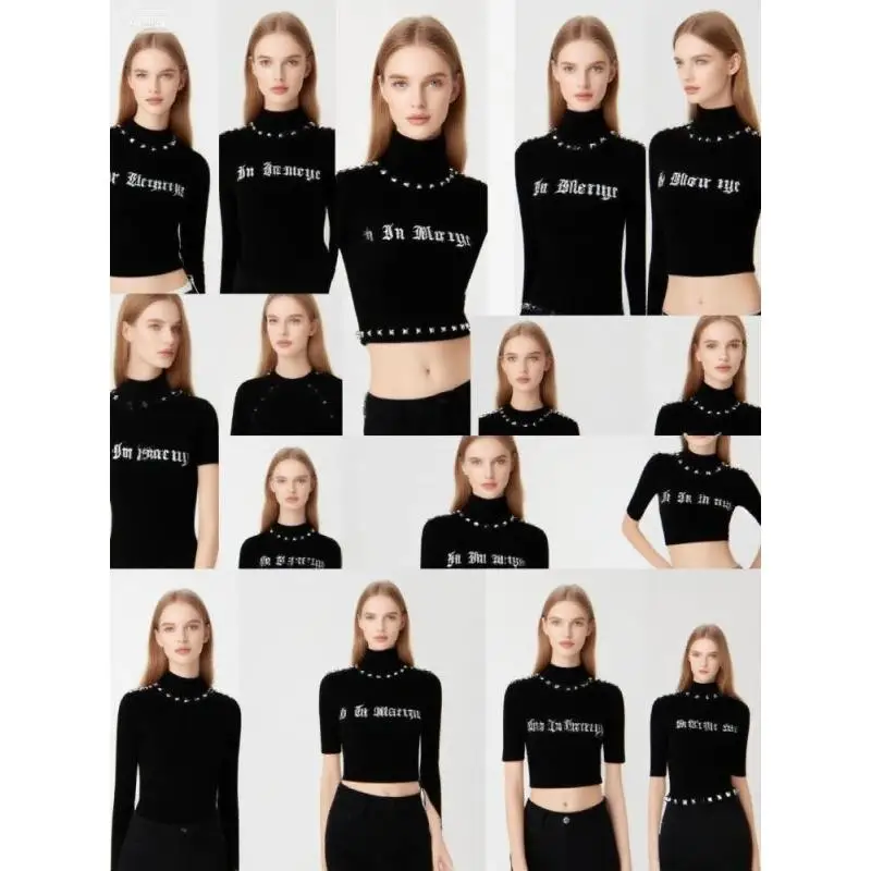 

2025 European and American new top rivet top women's dark style decoration street fashion long sleeved top