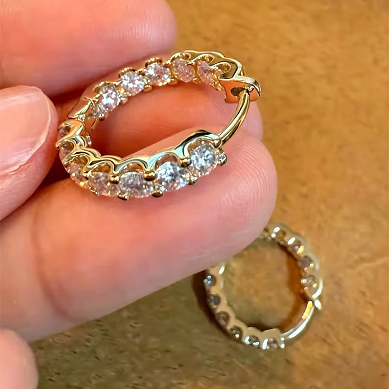 Rrjzz 3 mm brillante, vollfarbige Moissanit-Innen- und Außenreihen-Inlay-Creolen für Damen, luxuriöse ewige Ohrringe, Schmuck, Geschenke – Detail 4
