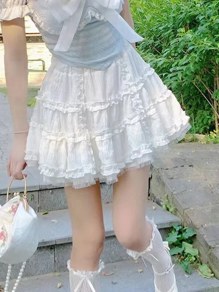 

Милые мини-белые юбки, женская кавайная юбка с высокой талией и краями, модная повседневная женская милая юбка в консервативном стиле, бальное платье Mujer 2025