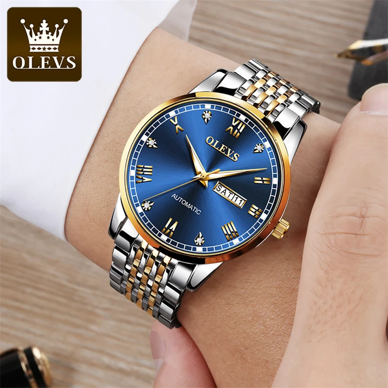 OLEVS Fashion Blue Mechanical Watch for Men Stainless Steel Waterproof  Calendar  Automatic Mens Watches Top Brand Luxury Watch