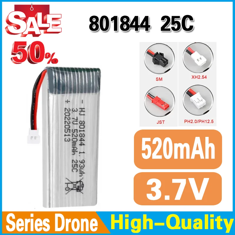 Lipo Battery Premium 3.7V 520mAh 25C 801844 SM-2P plug for Hubsan H107P RC Camera Drone