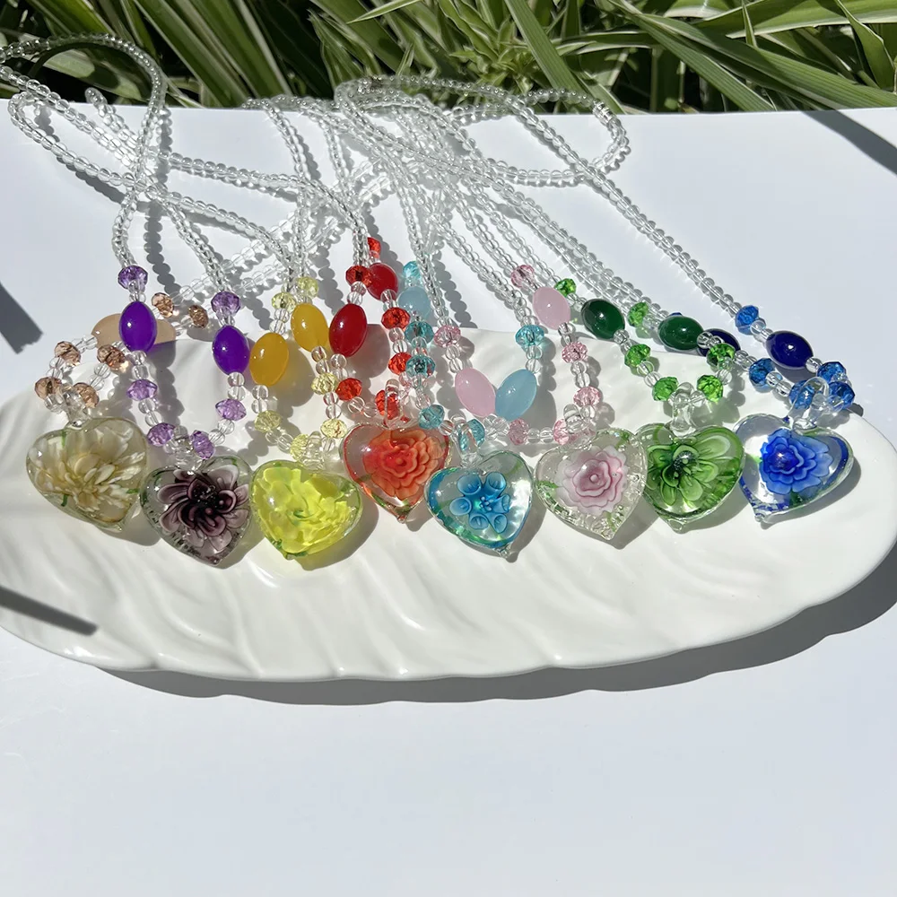 1 PCS Chinese Ethnic Style Handmade Murano Lampwork Glass Flower Heart Pendant Fit Necklace Jewelry Gift Fashion