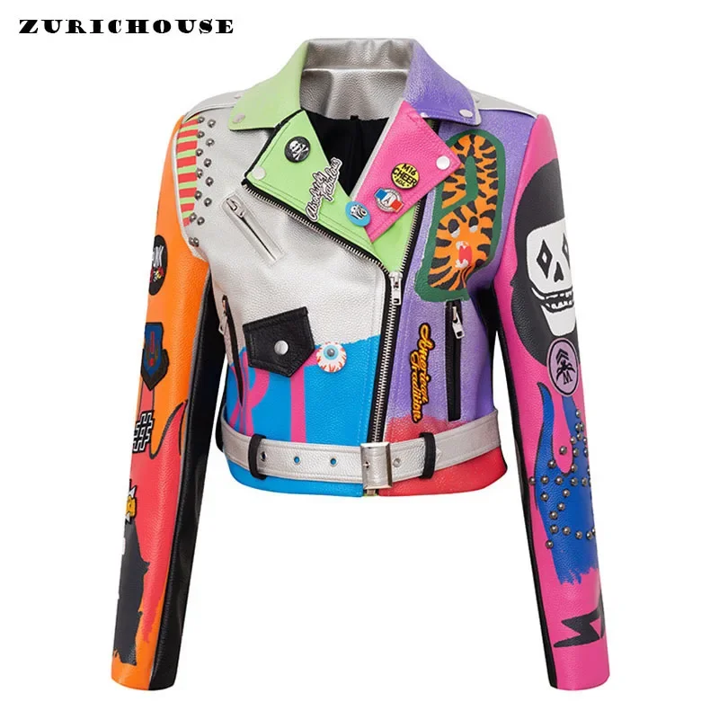 ZURICHOUSE Cropped Leather Jackets Women Colorful Graffiti Studded Coat 2024 Punk Faux Leather Motorcycle Biker Jacket Ladies