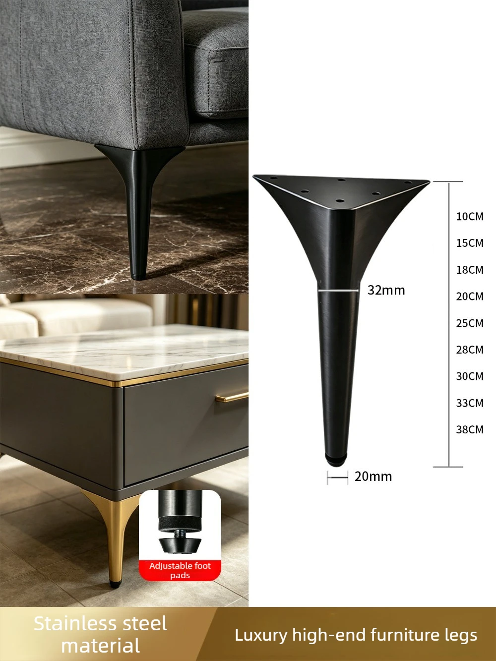 Stainless Steel Sofa Legs, TV Cabinet, Coffee Table Support Frame, Support Column, Furniture Height Increasing Tripod