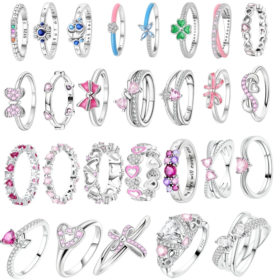 925 Sterling Silber Rosa Herz Zirkon Ringe Romantische Schleifenringe Originelle Charms für Frauen Hochzeitstag Schmuck Geschenk