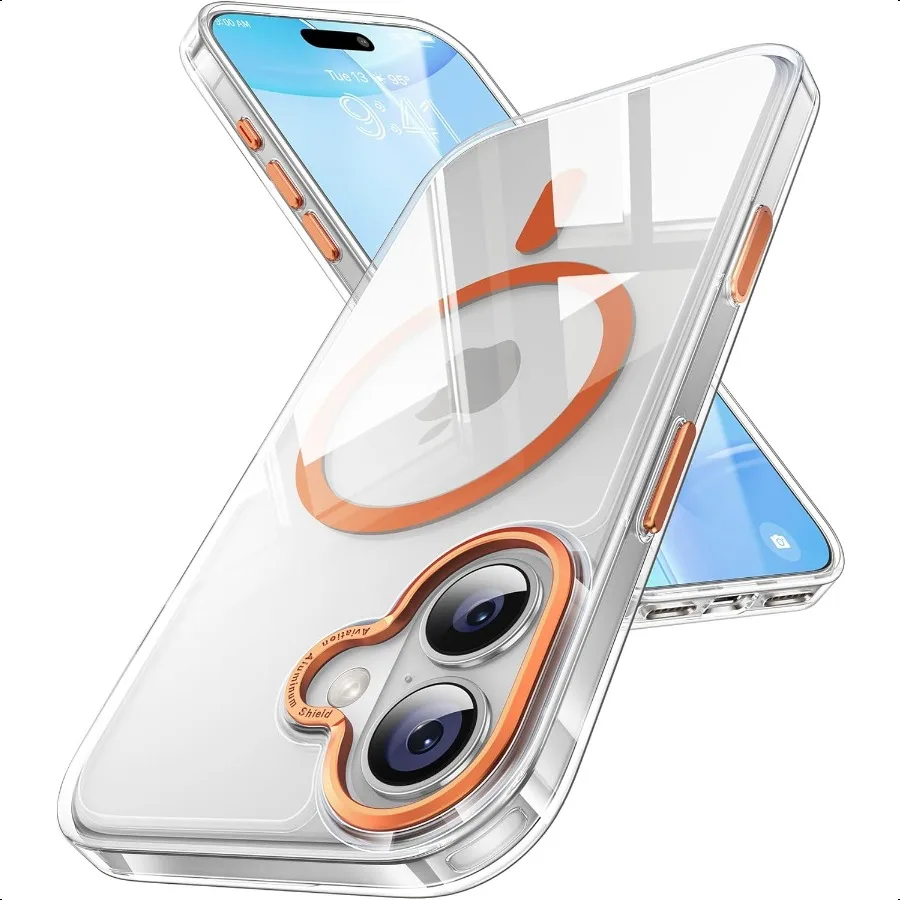 

Чехол Maledan для iPhone 17, прозрачный оранжевый алюминиевый чехол для камеры, магнитный чехол для телефона 17, подходит для Mag Safe Camera Control Slim Trans