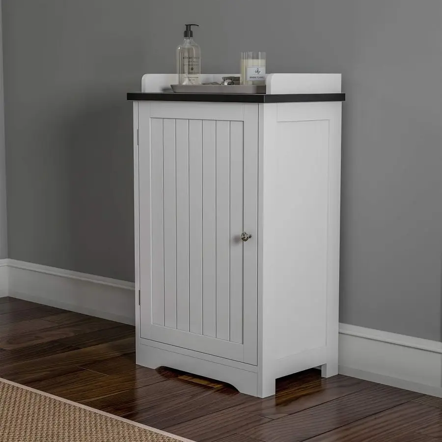 

2Tier Bathroom Floor Storage Cabinet 29 Tall Free Standing White Cupboard with Adjustable Shelf, ShutterStyle amp Slatted Look D