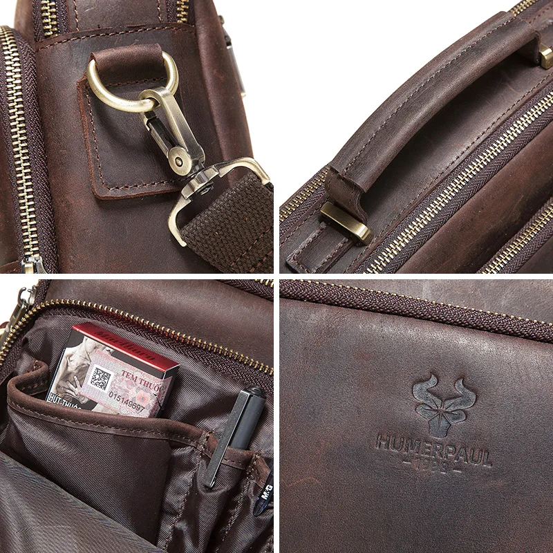 HUMERPAUL ريترو الرجال حقائب كتف متنقلة عالية الجودة حقيبة جلدية حقيقية للعمل حقيبة اليد الذكور عادية حبال #5
