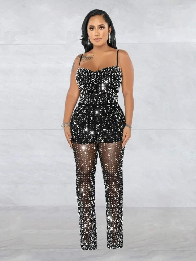 Moda mujer diamantes cristal taladro caliente sin mangas mono de pierna ancha 2025 Chic Sexy fiesta mameluco conjunto de una pieza mono