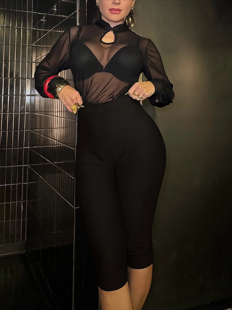 Kliou Female Club Party Style 2 Piece Set Woman Mesh See Through Button Hollow Tops+Skinny Shorts Hot Girls Sexy Fashion Outfits