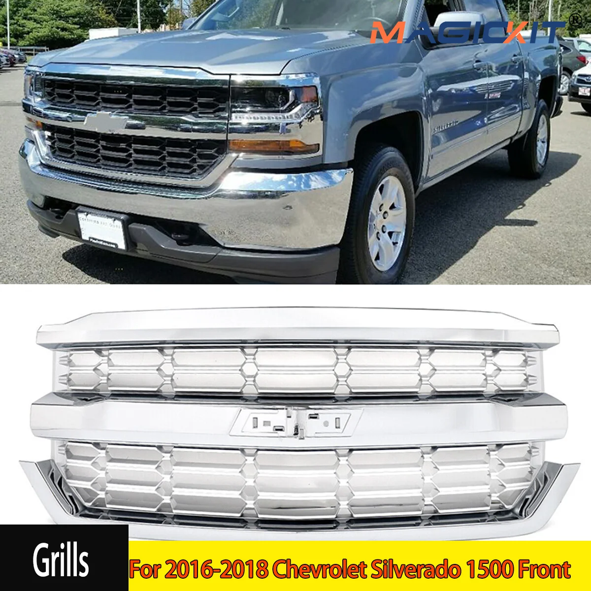 MAGICKIT For 2016-2018 Chevrolet Silverado 1500 Front Upper Bumper Grille Chrome 84056776