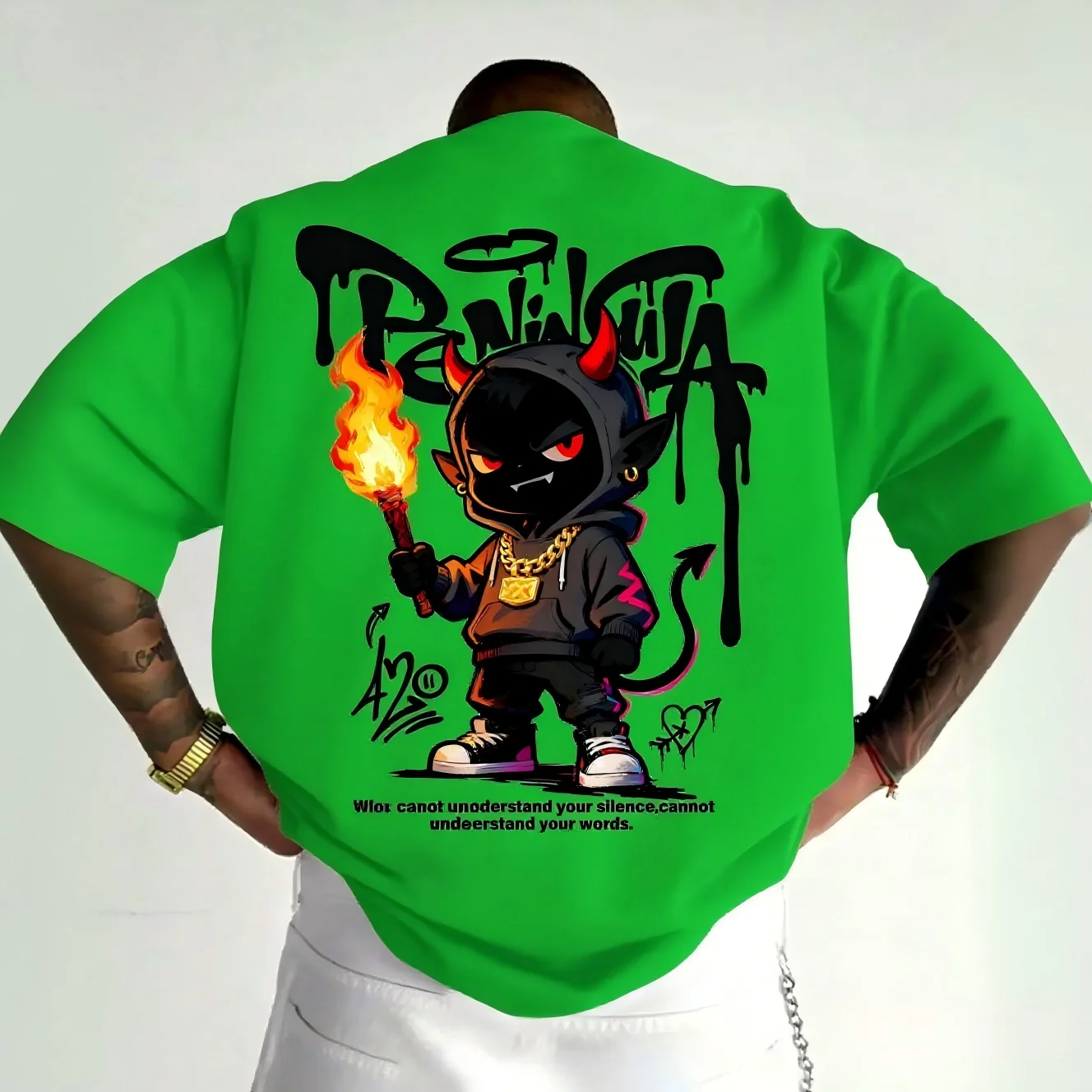 American Men's Summer Fashion Little Devil Cartoon Letter Print Comfortable and Breathable Round Neck T-Shirt Outdoor Street Top