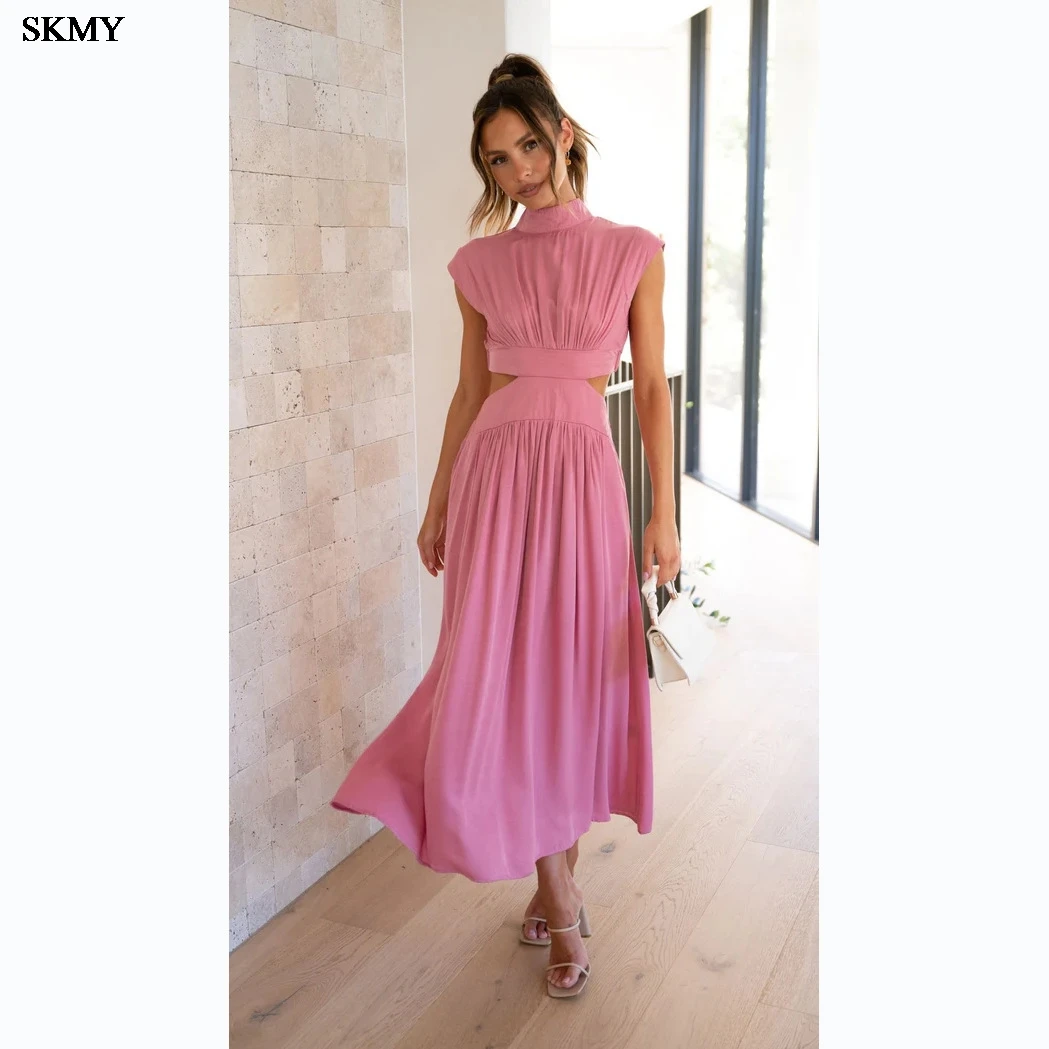 Skmy 2025 verão novo gola cintura recorte sem mangas sólido maxi vestido elegante recorte design fino ajuste versátil outfit