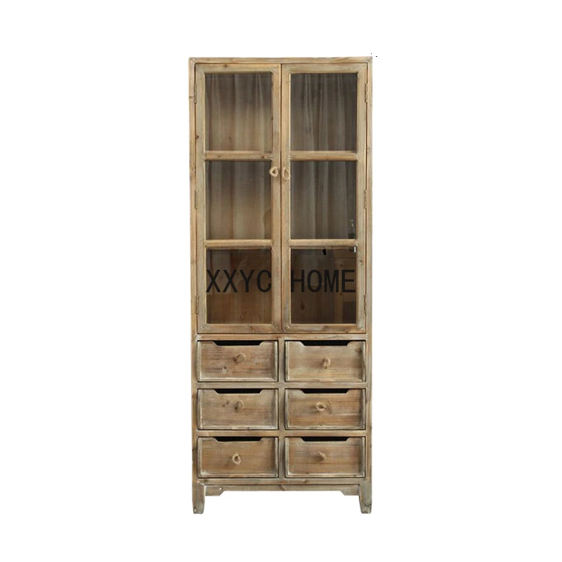 

American Country Retro Solid Wood Display Cabinet Made of Glass Living Room Sideboard Floor Storage High Cabinet Distressed