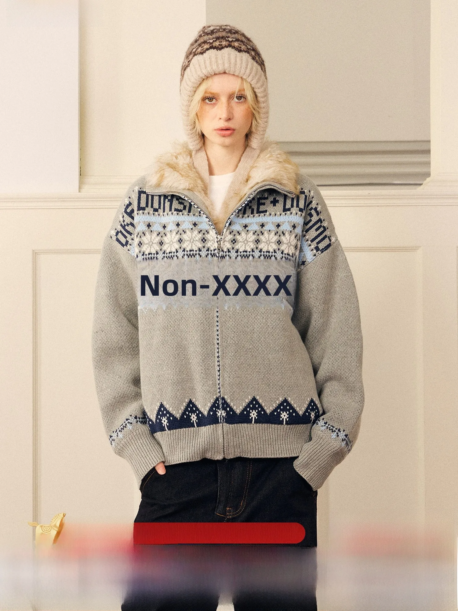 

Soft Comfortable Fitted Vintage Lazy Sweater Done Island Eagle Design Cotton Polyester Blend Long Sve Zipper Closure K...