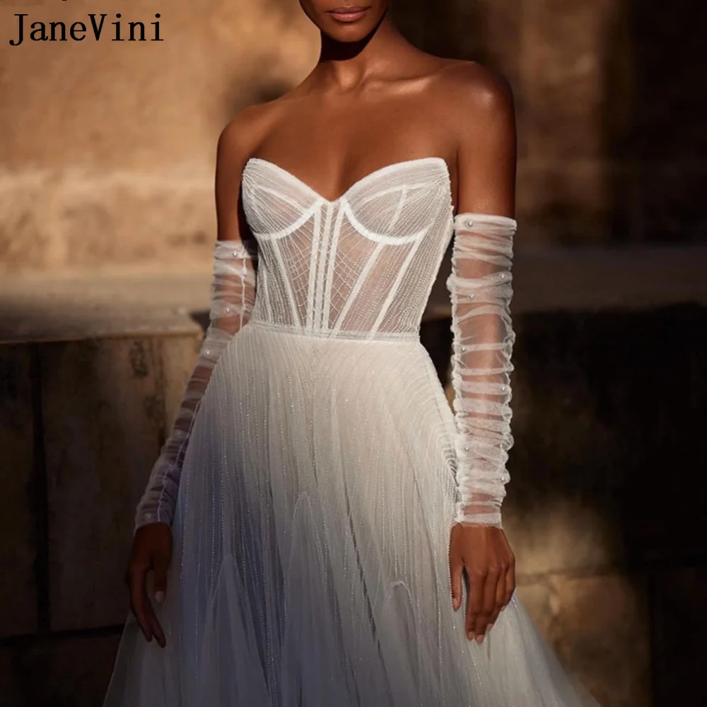 JaneVini guanti da sposa bianchi guanti trasparenti fantasia donna perle maniche da sposa maniche a braccio in Tulle pieghettato staccabili avorio nero