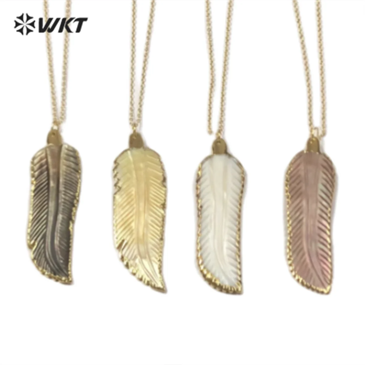 

WT-N655 Unique Design Feather Natural Abalone Shell Pendant Necklace Colorful Without Any Dye Gold Chain Jewelry Findings