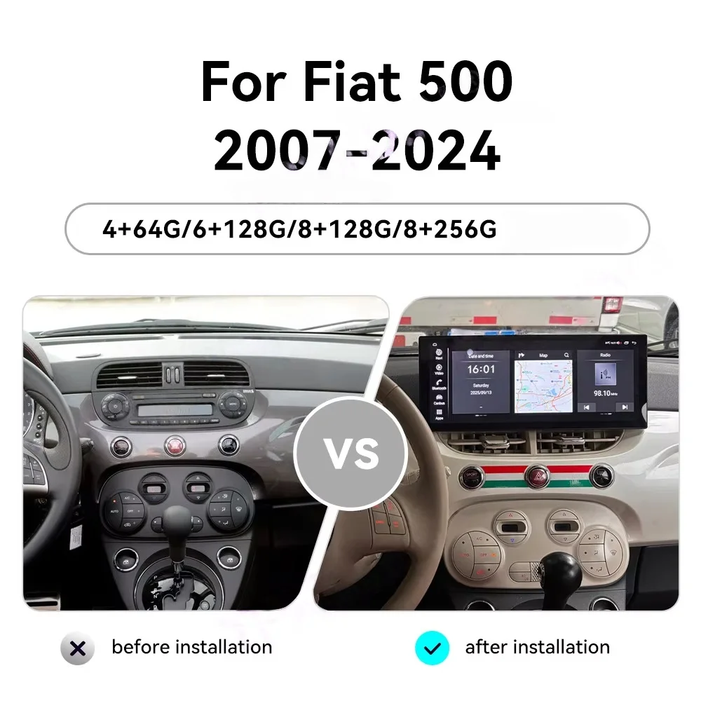 For Fiat 500 2007-2024 Wireless Carplay Android 13 12.3 Inch  Touch Screen Car GPS Navigation Stereo Multimedia Player Head unit