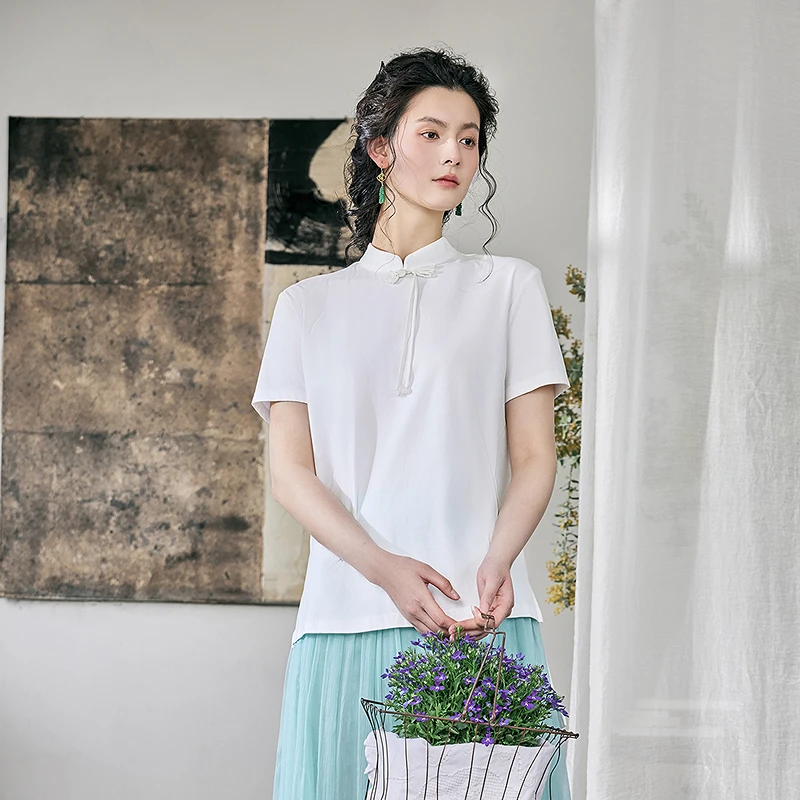 

New Cotton T-irt ort Sve Multi-Color Button Traditional Chinese Sle Top for Women Straight Cut Pure Color Summer Wear
