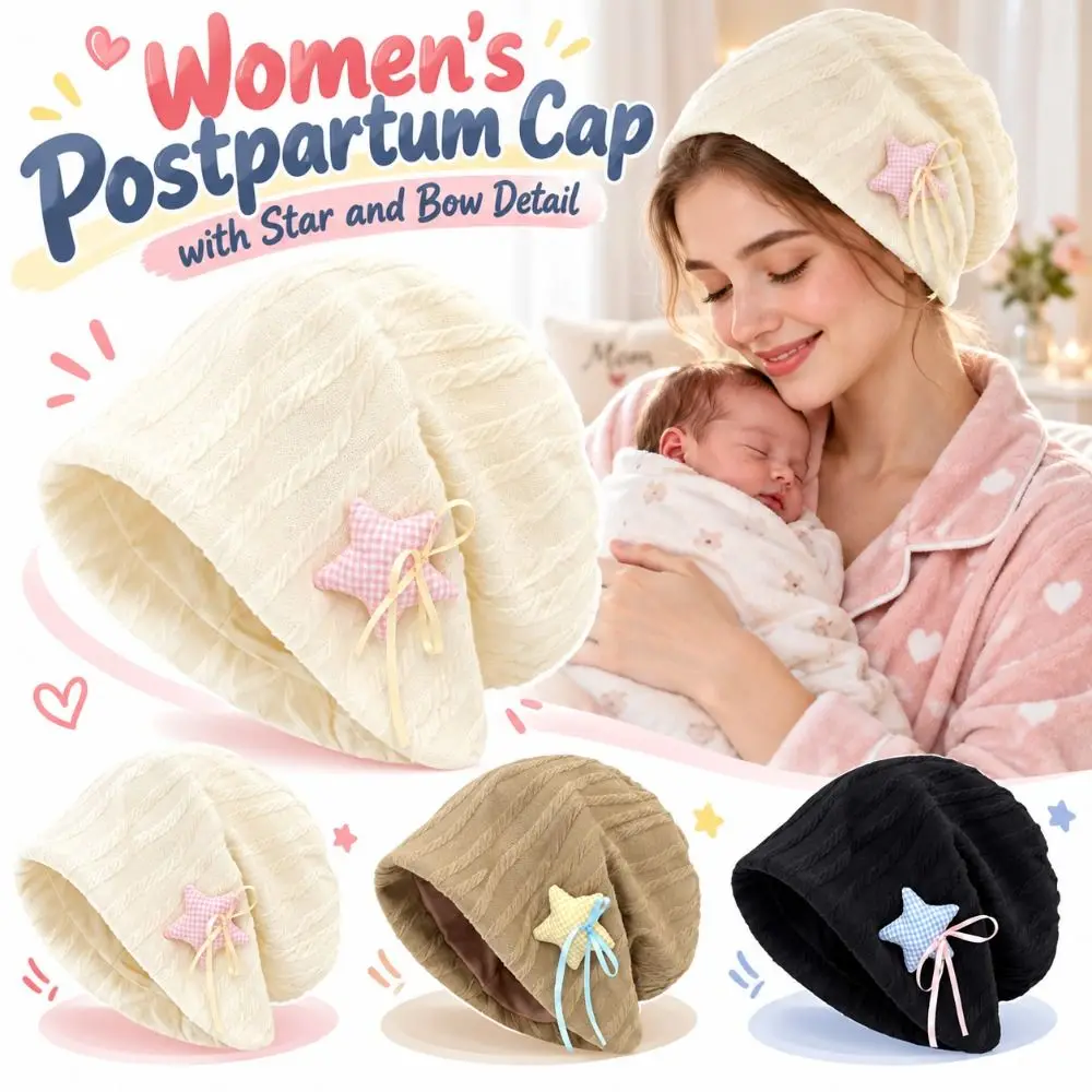 Star Pattern Women Postpartum Cap Fleece-Lined Warm Pullover Hat Soft Comfortable Windproof Brimless Cap Air-Conditioned Rooms