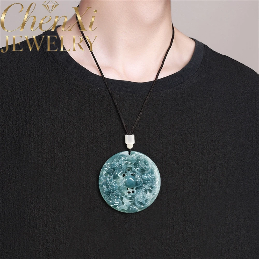 

Natural A-Grade Blue Water Ice-Grade Jadeite Two Dragons Playing with a Pearl Dragon Talisman Pendant Luxury Quality Jewelry