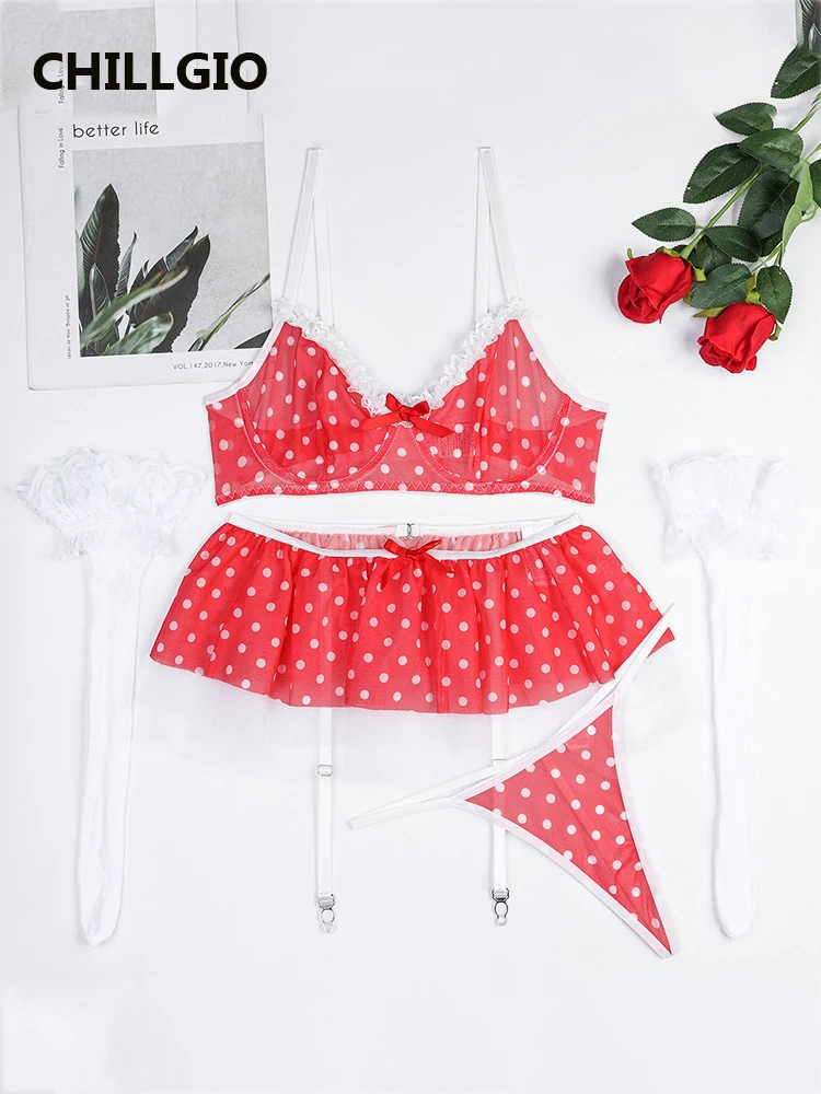 

CHILLGIO Women Polka Dot Mesh Underwear Sets Sexy Lingerie Outfit Contrast Colors Push Up Bra Thongs Erotic Garter Lingerie Set