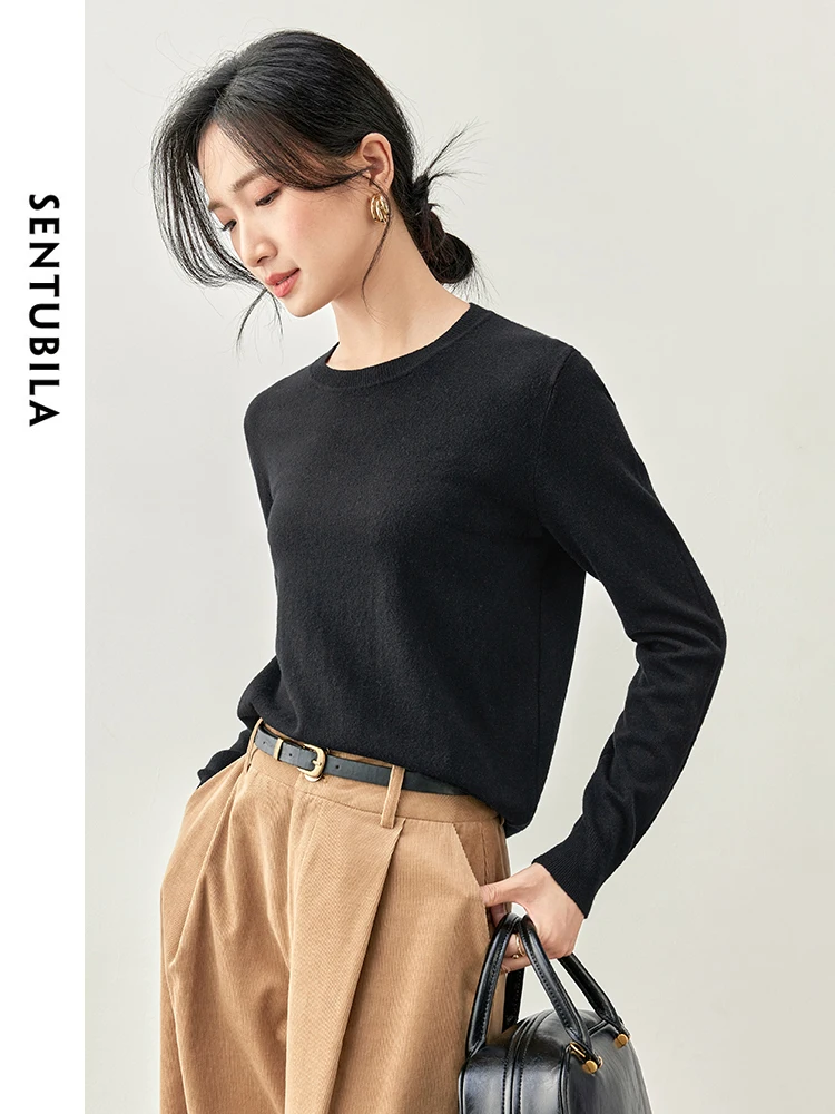 SENTUBILA Comfort Knitted Pullover for Women 2024 Autumn Commute Round Collar Long Sleeve Solid Basic Knitwear W43H56574