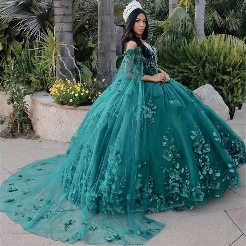 Long Emerald Green Ball Gown 15 Year Old Quinceanera Dresses  Customized With Wrap 3D Flowers Birthday Party Dress