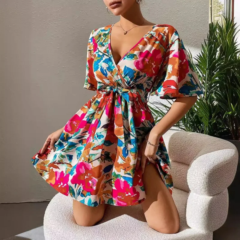 

2025Summer New Elegant Women's Fashion Floral Print Cross Neck Belted Dress