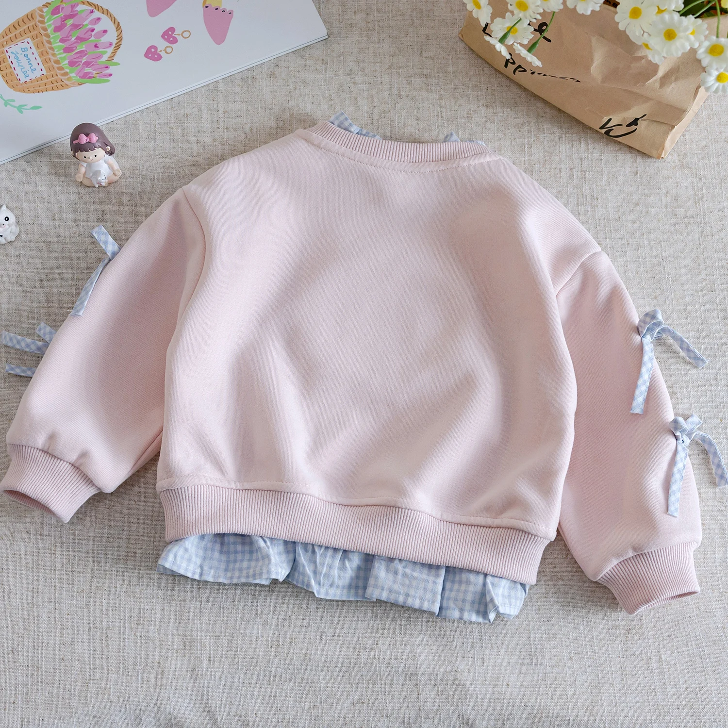 Korean Style Girls' Cartoon Hoodie Fake Two-Piece Sweet Princess Top for Spring Autumn Comfortable Cotton Polyester Blend