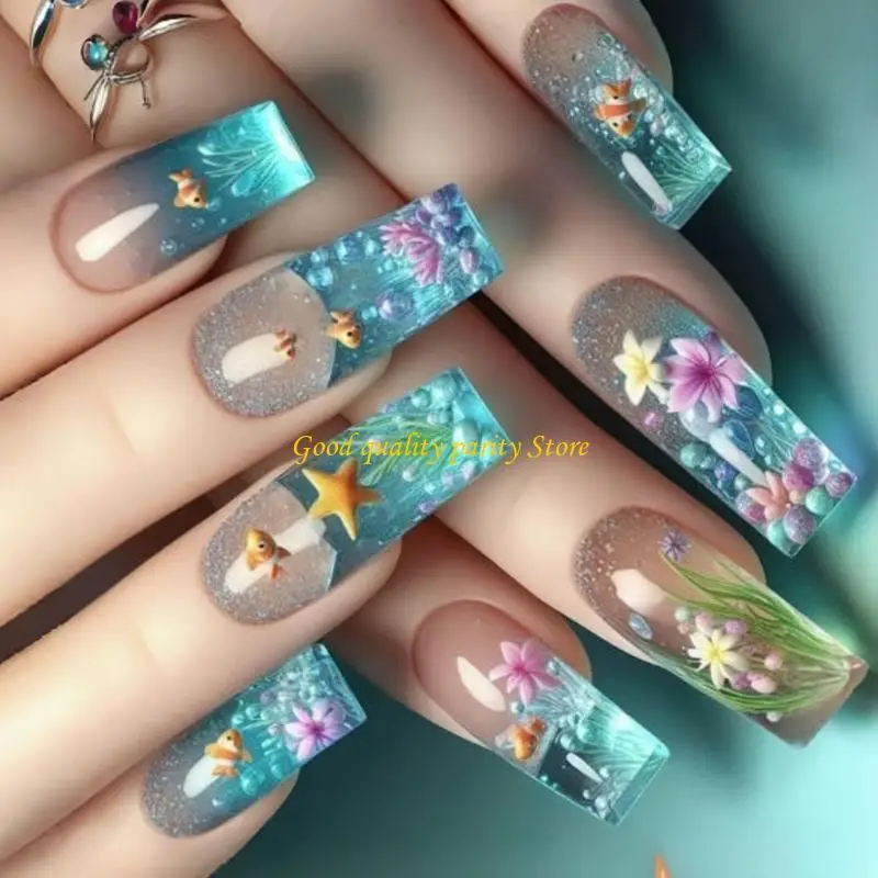 M4YA 24 Stück Langquadrat künstlicher Nagel Frosted Clownfish Französisch Glitzer Abs Party Nagel