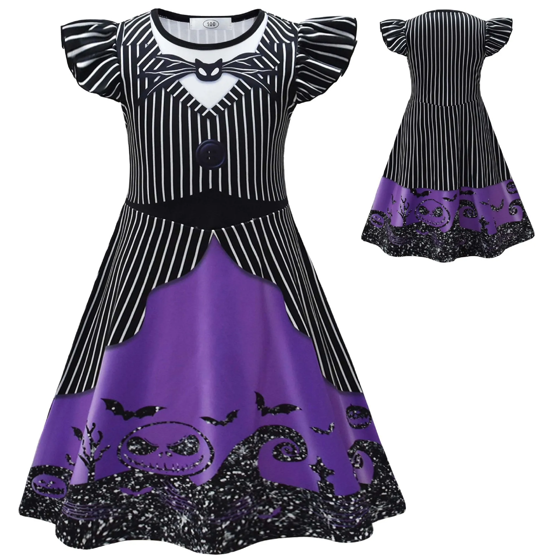 Christmas Night Jack Dress Up Costume Girls Gothic Black Stripe Dress For Toddler Kids Halloween Carnival Party Fancy Outfits