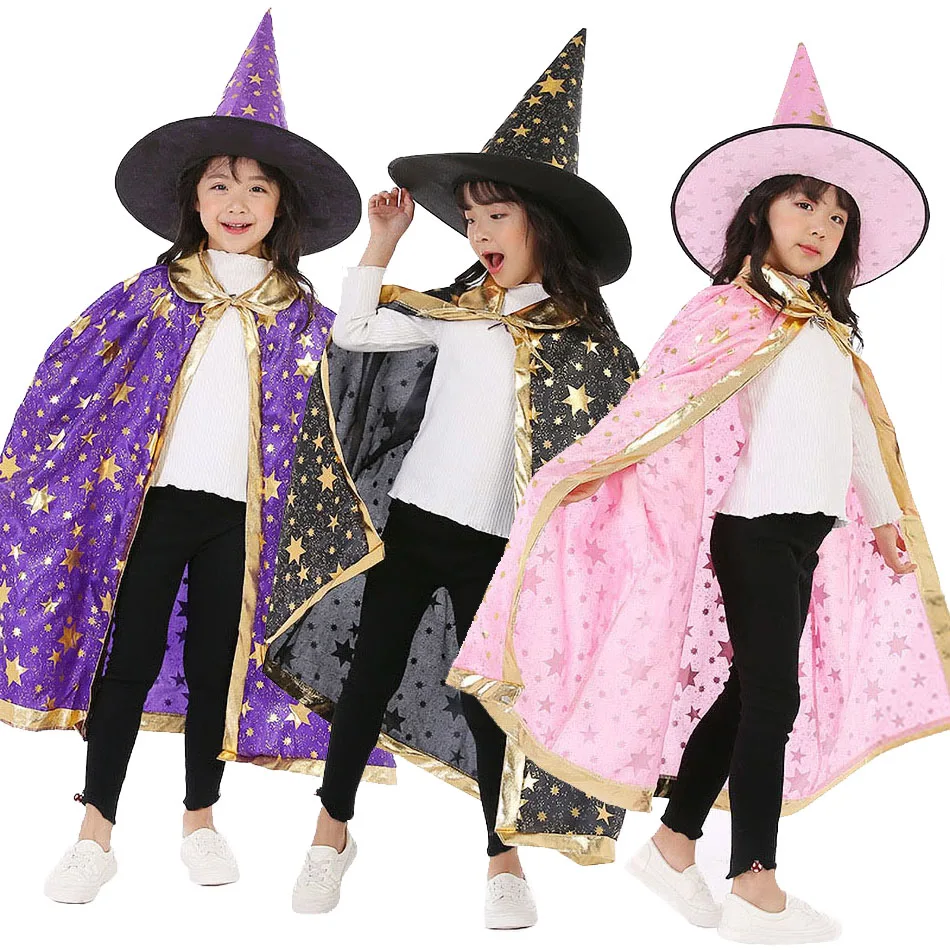 Boys Girls Halloween Outfits Kids Black Purple Orange Red Costume Children Stars Lace Up Party Cape Sparkly Cloak with Witch Hat